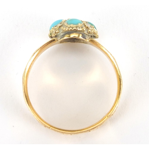 142 - Victorian 18ct gold turquoise and seed pearl ring with chased band, London 1866, size P, 4.0g