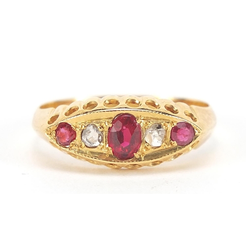 140 - Victorian 18ct gold garnet and diamond five stone ring, Birmingham 1863, size N, 2.1g