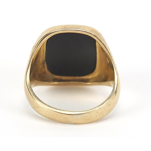 179 - 9ct gold black onyx masonic signet ring, size S, 8.3g