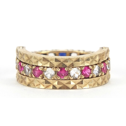 159 - 9ct gold blue, pink and white sapphire hinged triple eternity ring, size M, 5.2g