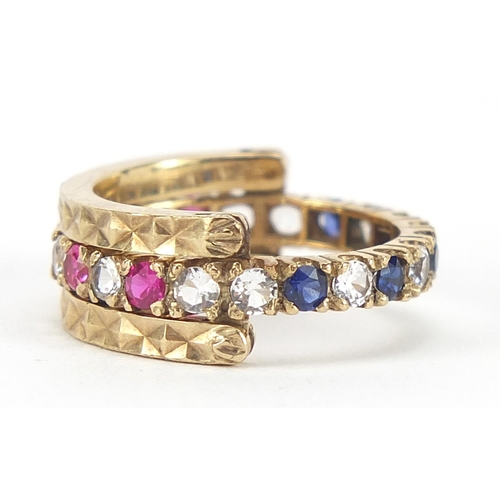 159 - 9ct gold blue, pink and white sapphire hinged triple eternity ring, size M, 5.2g