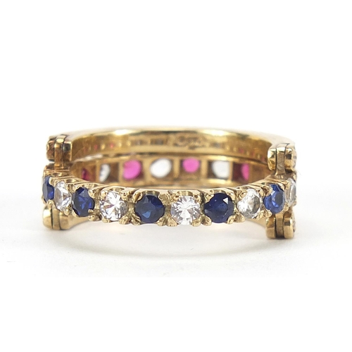 159 - 9ct gold blue, pink and white sapphire hinged triple eternity ring, size M, 5.2g