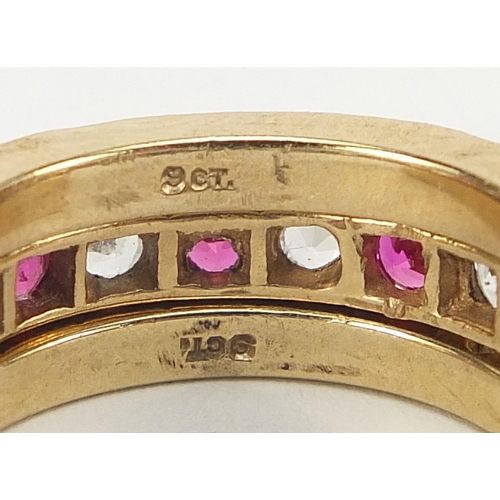 159 - 9ct gold blue, pink and white sapphire hinged triple eternity ring, size M, 5.2g