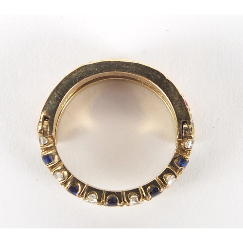 159 - 9ct gold blue, pink and white sapphire hinged triple eternity ring, size M, 5.2g