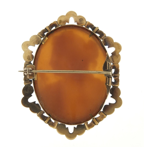 443 - Victorian cameo maiden head brooch with gold coloured metal mount, 5cm high, 10.2g