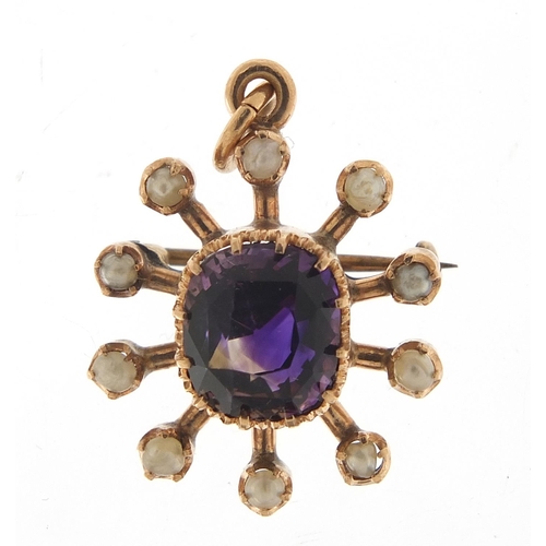 141 - Unmarked gold amethyst and seed pearl pendant brooch, 2.5cm high, 3.9g