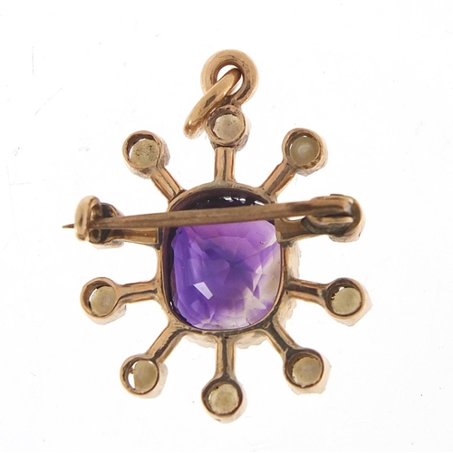 141 - Unmarked gold amethyst and seed pearl pendant brooch, 2.5cm high, 3.9g