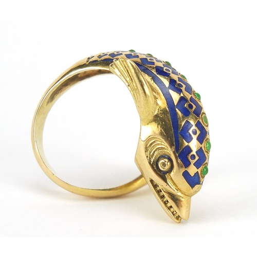 108 - 18ct gold and enamel dolphin ring, size M, 8.0g