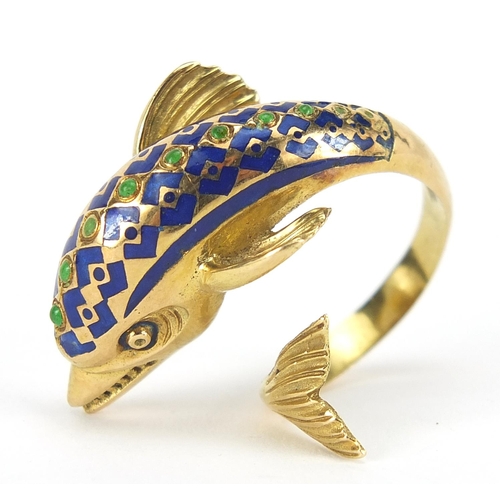 108 - 18ct gold and enamel dolphin ring, size M, 8.0g