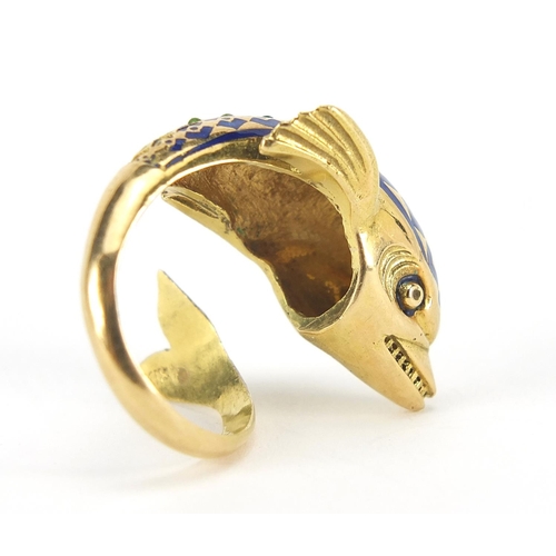 108 - 18ct gold and enamel dolphin ring, size M, 8.0g