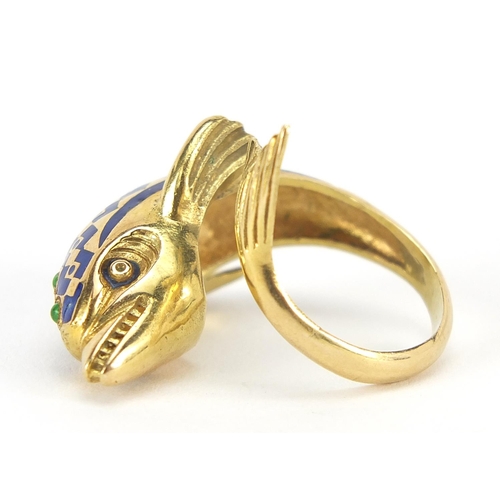 108 - 18ct gold and enamel dolphin ring, size M, 8.0g