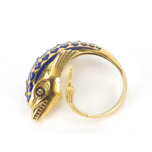 108 - 18ct gold and enamel dolphin ring, size M, 8.0g