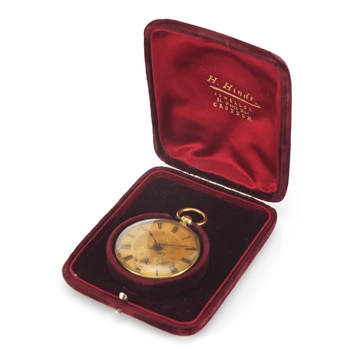 178 - 18ct gold gentlemen's open face pocket watch with engine turned case, housed in an H. Hinds velvet a... 