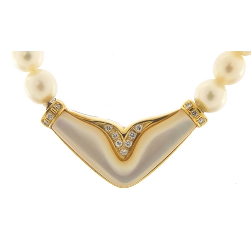 305 - 18ct gold and diamond pearl necklace housed in a Mappin & Webb velvet and silk lined box, 40cm in le... 