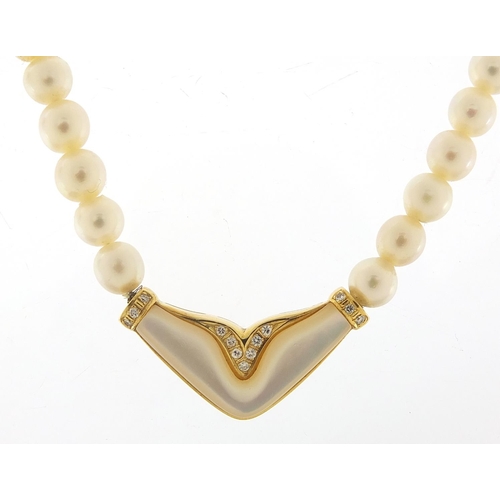 305 - 18ct gold and diamond pearl necklace housed in a Mappin & Webb velvet and silk lined box, 40cm in le... 