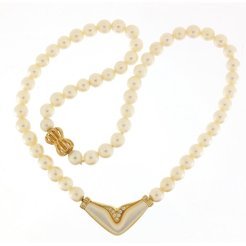 305 - 18ct gold and diamond pearl necklace housed in a Mappin & Webb velvet and silk lined box, 40cm in le... 