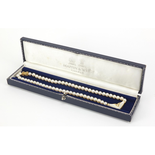 305 - 18ct gold and diamond pearl necklace housed in a Mappin & Webb velvet and silk lined box, 40cm in le... 