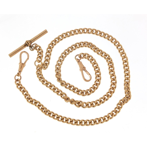 129 - Victorian 9ct rose gold watch chain with T bar, 54cm in length, 42.0g