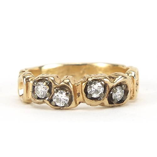 209 - 14ct gold diamond half eternity ring, the diamonds approximately 2.2mm in diameter, size O, 4.9g