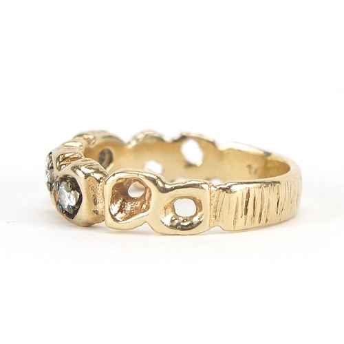 209 - 14ct gold diamond half eternity ring, the diamonds approximately 2.2mm in diameter, size O, 4.9g