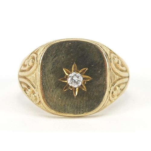 413 - Unmarked gold diamond signet ring with engraved shoulders, 8.0g, the diamond approximately 2.4mm in ... 