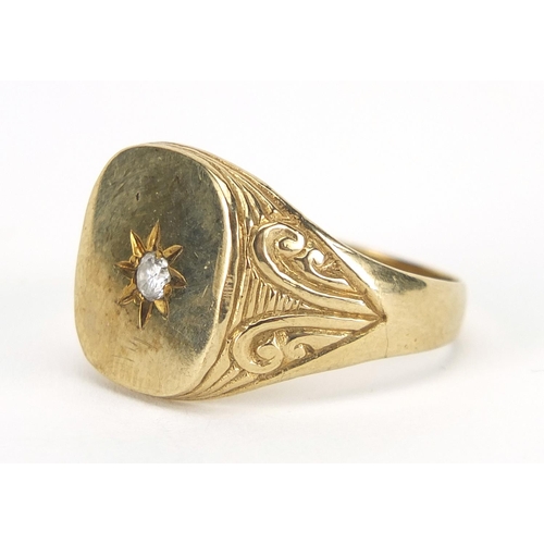 413 - Unmarked gold diamond signet ring with engraved shoulders, 8.0g, the diamond approximately 2.4mm in ... 