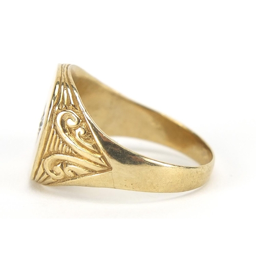 413 - Unmarked gold diamond signet ring with engraved shoulders, 8.0g, the diamond approximately 2.4mm in ... 