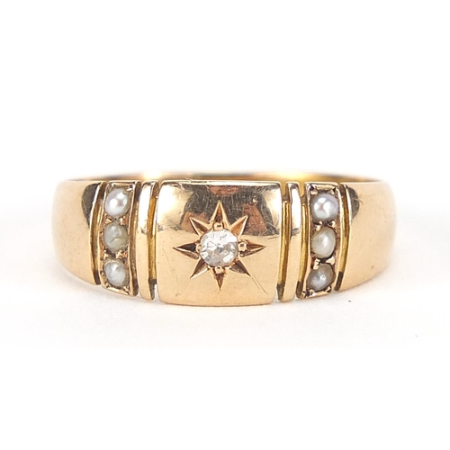 138 - Antique 15ct gold diamond and seed pearl Gypsy ring, Chester hallmarked, size O, 2.8g