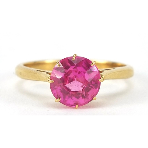 49 - 18ct gold ruby solitaire ring, the stone approximately 8mm in diameter, size N, 3.7g