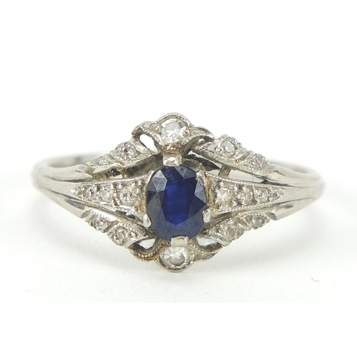 235 - Art Deco unmarked white metal sapphire and diamond ring, size O, 3.6g