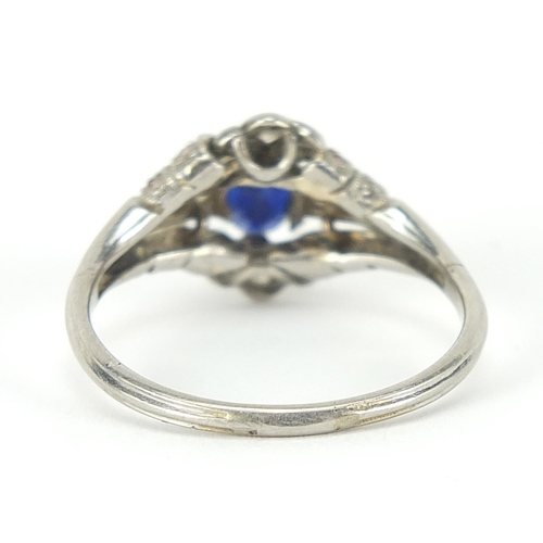 235 - Art Deco unmarked white metal sapphire and diamond ring, size O, 3.6g