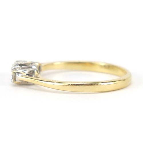 335 - 18ct gold diamond three stone ring, size K, 2.0g