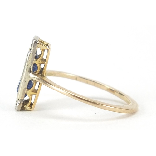 246 - Art Deco unmarked gold sapphire and diamond ring, size K/L, 2.1g