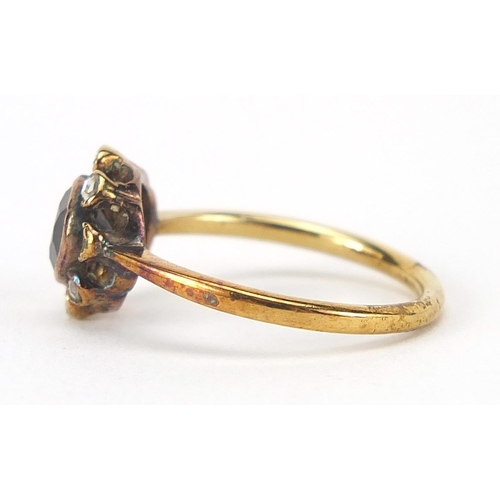 293 - Antique unmarked gold garnet and diamond ring, size L/M, 2.6g