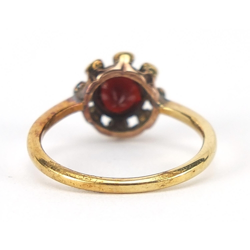 293 - Antique unmarked gold garnet and diamond ring, size L/M, 2.6g