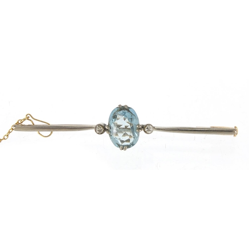 272 - Antique unmarked gold blue stone and diamond bar brooch, possibly aquamarine, 6cm wide, 5.0g