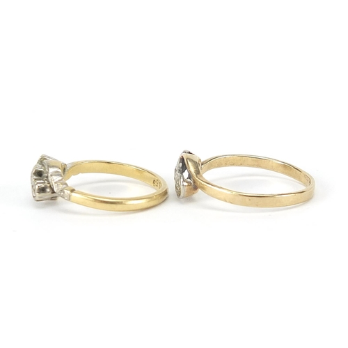 440 - Two 9ct gold and 18ct gold diamond crossover rings, sizes I/J and O, total 4.6g