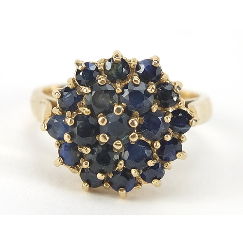 324 - 9ct gold sapphire three tier cluster ring, size N, 5.0g