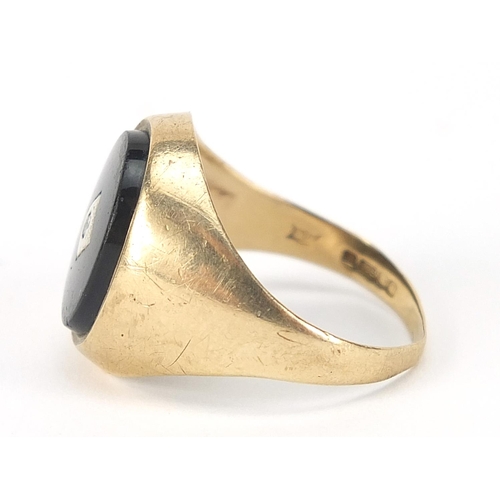 449 - 9ct gold black onyx and diamond signet ring, size Q, 4.0g