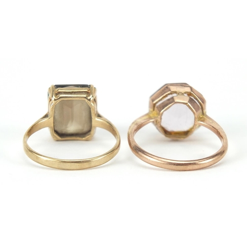 248 - Two 9ct gold quartz rings, sizes O and P, 6.1g