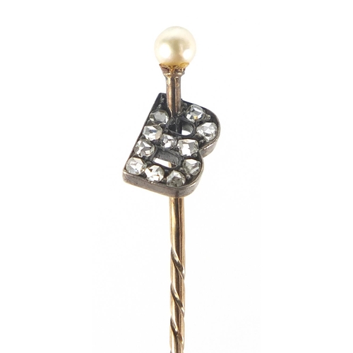 122 - Unmarked gold initial B diamond and pearl stick pin, 7cm in length, 1.4g