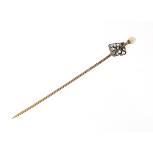 122 - Unmarked gold initial B diamond and pearl stick pin, 7cm in length, 1.4g