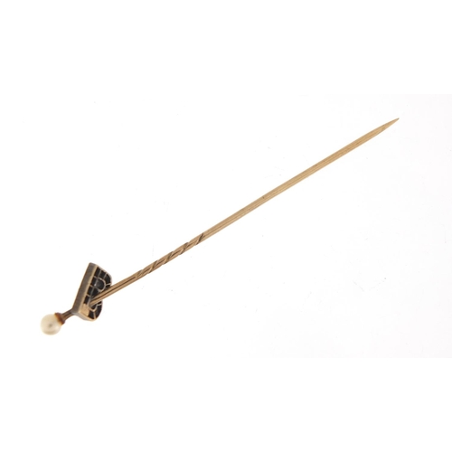 122 - Unmarked gold initial B diamond and pearl stick pin, 7cm in length, 1.4g