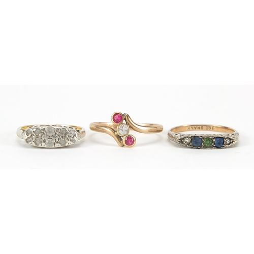 133 - Three 18ct and 9ct gold rings set with colourful stones including pink and white sapphire, sizes K, ... 