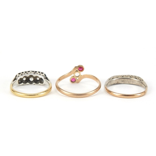 133 - Three 18ct and 9ct gold rings set with colourful stones including pink and white sapphire, sizes K, ... 