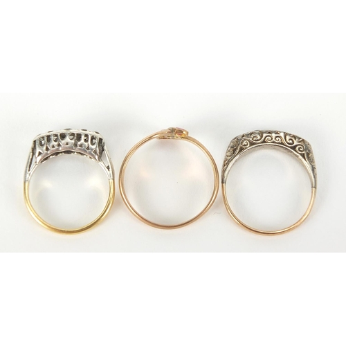 133 - Three 18ct and 9ct gold rings set with colourful stones including pink and white sapphire, sizes K, ... 