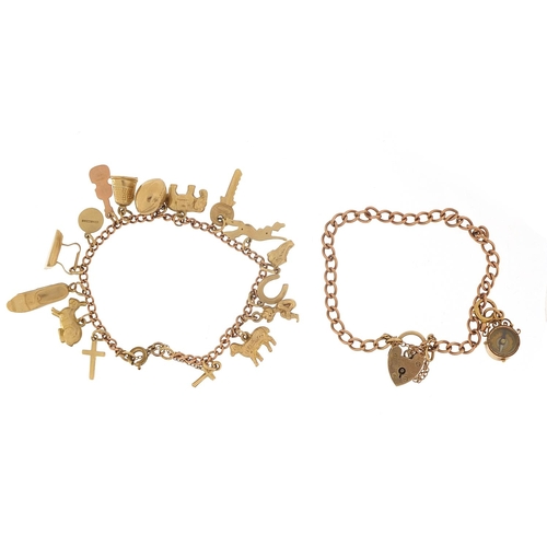 243 - Two 9ct rose gold charm bracelets with a selection of mostly 9ct gold charms including a pixie, rugb... 