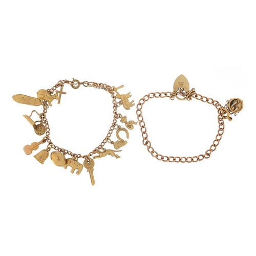 243 - Two 9ct rose gold charm bracelets with a selection of mostly 9ct gold charms including a pixie, rugb... 