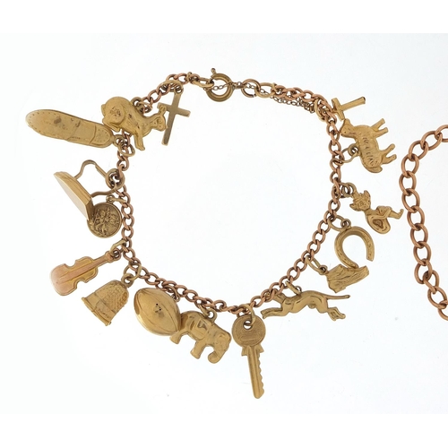 243 - Two 9ct rose gold charm bracelets with a selection of mostly 9ct gold charms including a pixie, rugb... 