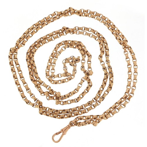 263 - Victorian unmarked 9ct rose gold double longuard chain, 75cm in length when doubled, 30.0g